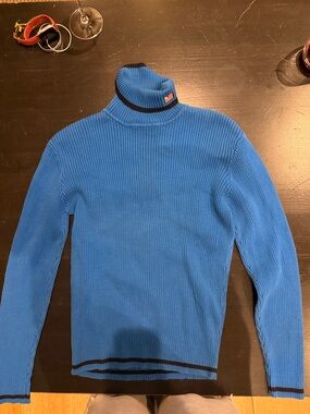 Ralph Lauren Cobalt Blue Ribbed Turtleneck with Black Trim and Flag Patch